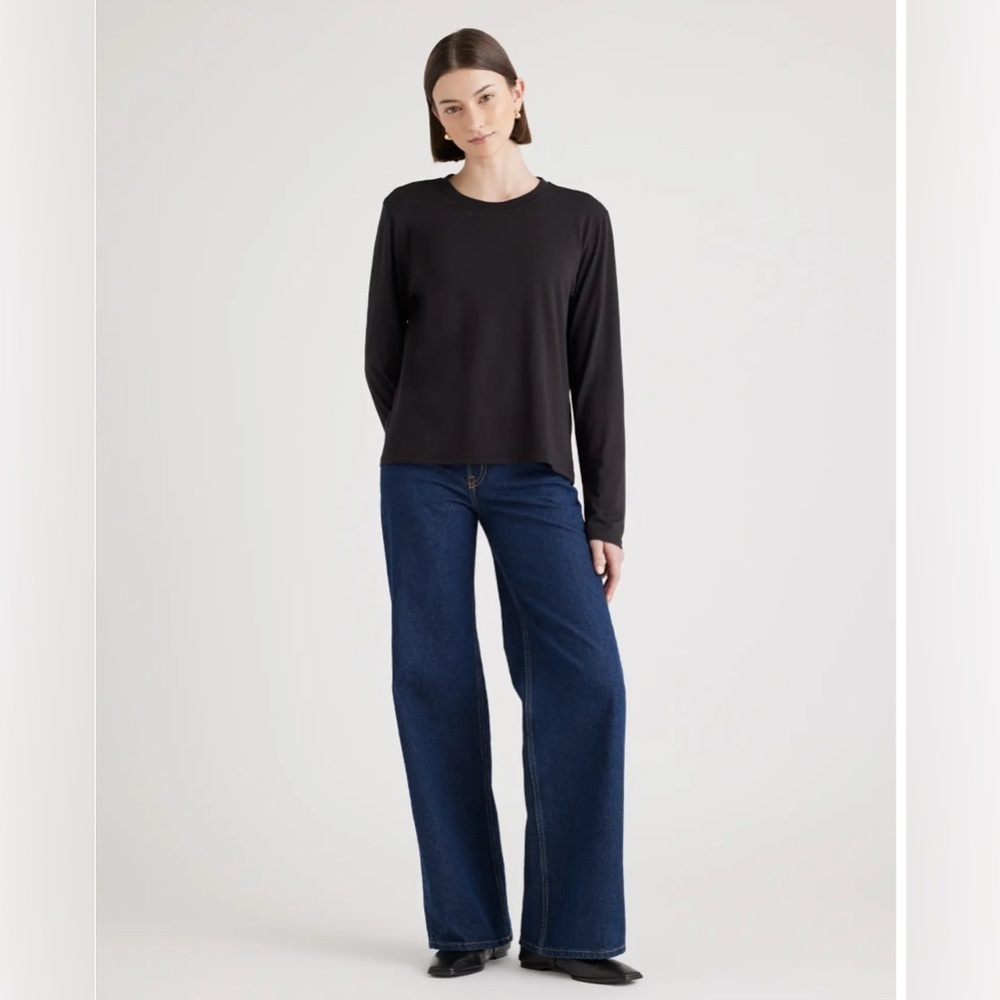 Quince Women's XL Black Cotton Modal Blend Relaxed Boxy Long Sleeve T-Shirt Top - Picture 2 of 13